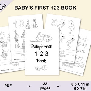 Livro de alfabeto para chá de bebê faça você mesmo para imprimir, presente para chá de bebê, atividade para colorir, lembrança para chá de bebê, jogos para chá de bebê, livro &quot;Os primeiros 123&quot; do bebê