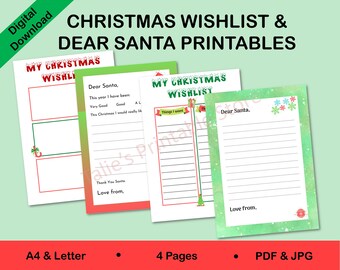 May include: Printable Christmas wish list and letter to Santa templates. The pages are decorated with red and green candy canes, snowflakes, and Christmas trees. The text on the pages reads "My Christmas Wishlist" and "Dear Santa".