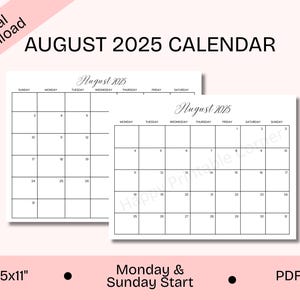 2025 August Calendar Printable, August Calendar Sunday and Monday Start, Minimalist August Planner, Letter, Digital Download, PDF