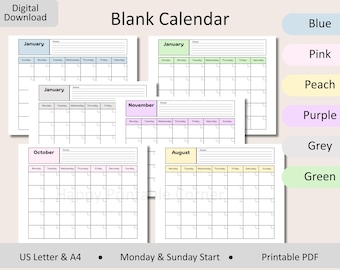 May include: Digital download of blank calendars in various colors, including blue, pink, peach, purple, and green. Each calendar features a month name and a grid for daily entries. The text "Blank Calendar" is displayed at the top.