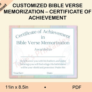 Certificato di memorizzazione versetto biblico personalizzato, Premio di memorizzazione per versetto biblico, Salmi, Certificato della Scuola Domenicale, Premio al successo