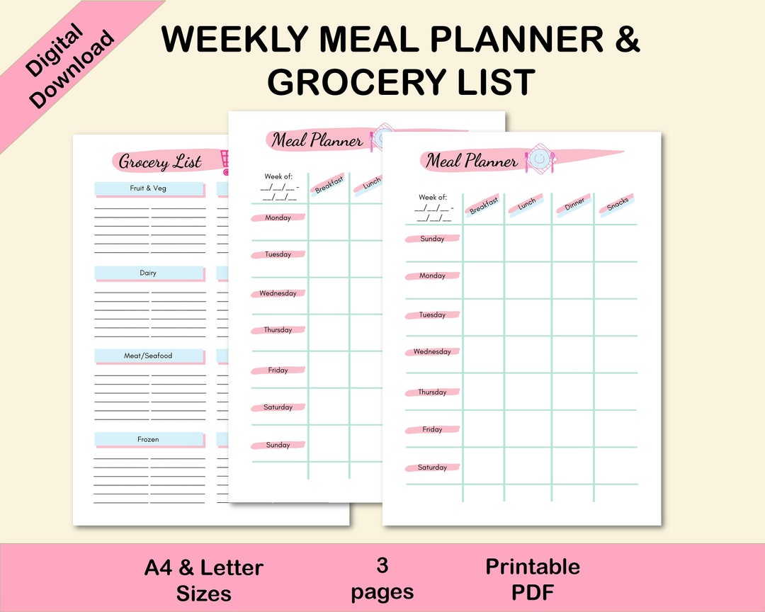 Printable Weekly Meal Planner & Grocery List (PDF Download) - Etsy