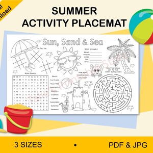 Può includere: Un sottopentola per attività estive stampabile in bianco e nero con un tema sole, spiaggia e mare. Il sottopentola include una ricerca di parole, un tris, un gioco di parole e un labirinto. Il testo sul sottopentola è "Sun, Sand & Sea".