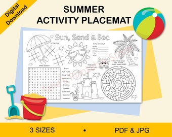 May include: A black and white printable summer activity placemat with a sun, beach, and sea theme. The placemat includes a word search, tic-tac-toe, word scramble, and a maze. The text on the placemat reads "Sun, Sand & Sea".