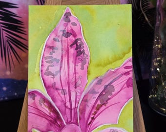 鉢植えの蘭の絵画 - 「オレンジ色の蘭」と題されたプリント、蘭の絵画