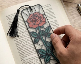 Stained Glass Style Rose Bookmark – 3D Printed Raised Art, Tassel, Book Lover Gift