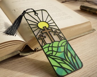 Calvary Cross Stained Glass Style Bookmark - Raised Art Christian Bible Page Marker and Religious Gift for Baptism or Confirmation