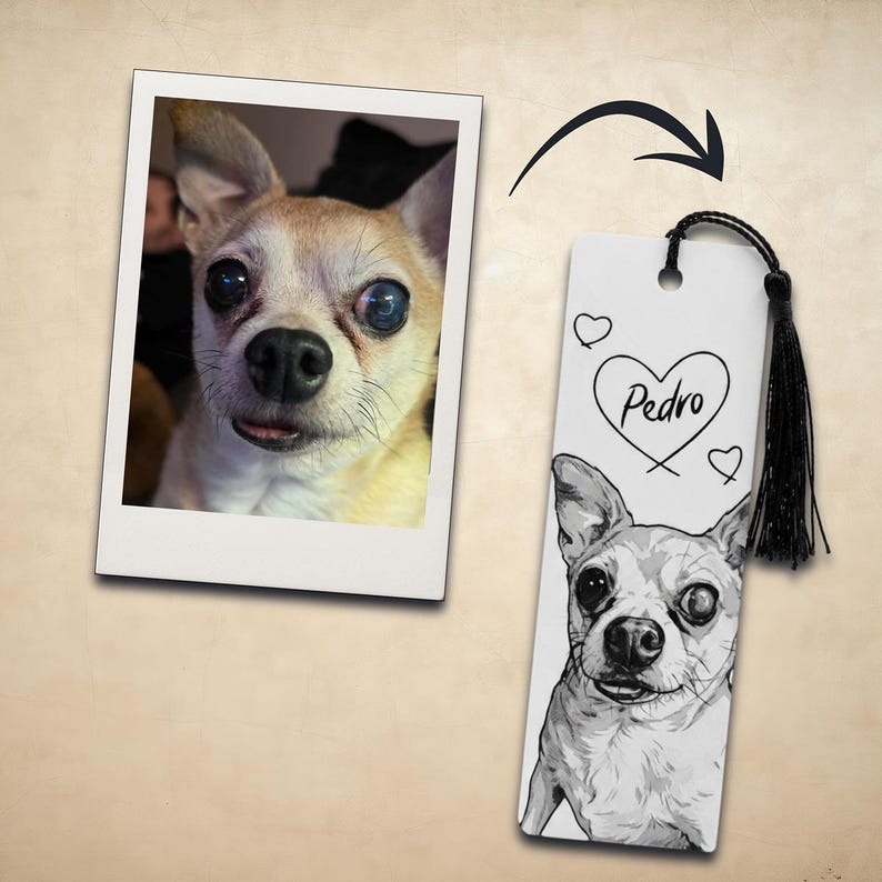 May include: A rectangular white bookmark featuring a black and white line art illustration of a chihuahua dog, the name Pedro written inside a heart, and two smaller hearts. A black tassel is attached to the top through a circular hole.