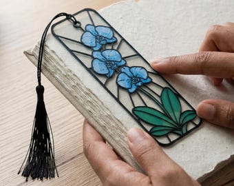 Stained Glass Style Orchid Bookmark - Raised Art Botanical Page Marker and Unique Book Lover Gift