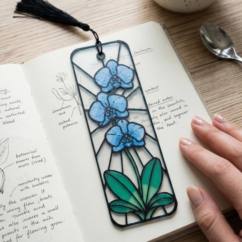 May include: A rectangular bookmark featuring a black frame with a stained glass effect. The design displays three light blue orchid flowers at the top and green leaves at the bottom. A black tassel is attached to the top of the bookmark.
