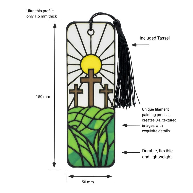 May include: A rectangular bookmark featuring a stained-glass style design of three brown crosses on a green hill under a yellow sun. It includes a black tassel, measures 150 mm by 50 mm, has a 1.5 mm thickness, and displays 3-D textured details.