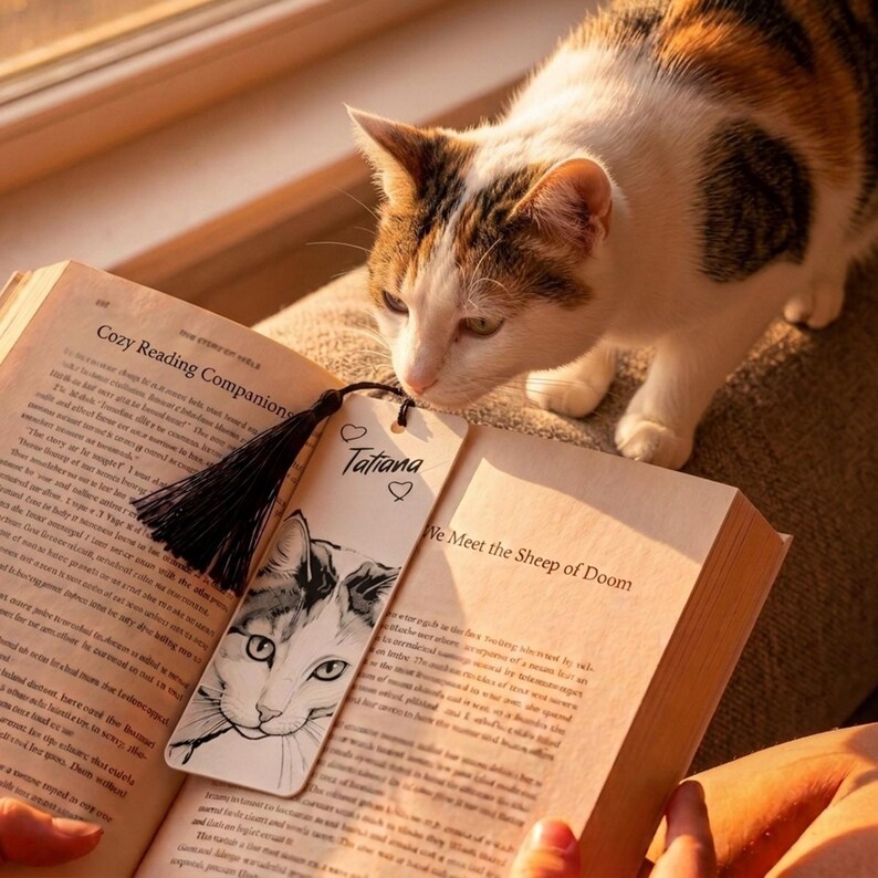 May include: A rectangular paper bookmark featuring a black and white ink illustration of a calico cat face, the name Tatiana in cursive script, and two small heart outlines. A black tassel is attached to the top with a thin black cord.