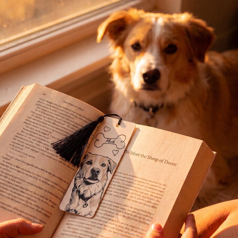 May include: A rectangular wooden bookmark featuring a black ink illustration of a dog, a bone-shaped graphic with the name "Merle" written inside, and small heart outlines. A black tassel is attached to the top of the bookmark.