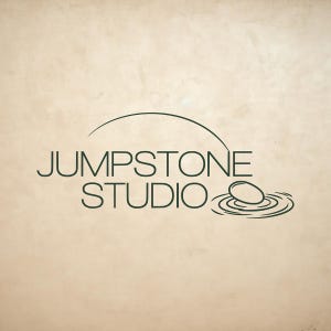 May include: A dark green logo on a light beige background featuring the text JUMPSTONE STUDIO in a clean sans-serif font. Above the text is a thin curved line, and to the right is a graphic of a stone hitting water, creating ripples.