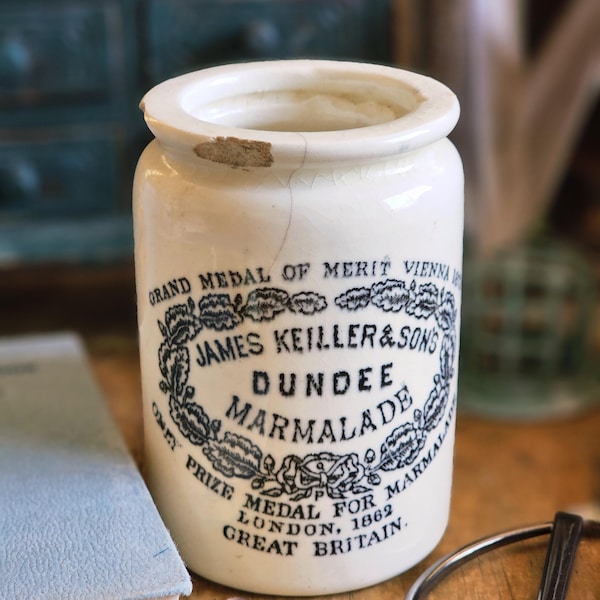 Antique Ironstone English Advertising Pot, Keiller Dundee Marmalade Jar Crock, London, England