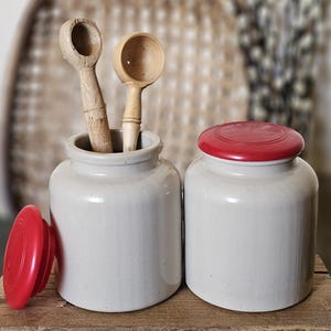 Vintage French Stoneware Mustard Crock Jar with Lid | Storage Vase Utensil Holder | Unmarked