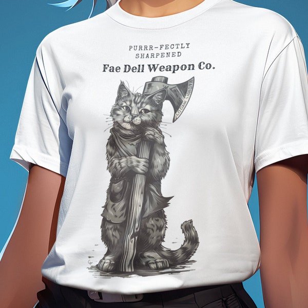 Purr-fectly Sharpened Fae Dell Weapon Co., Unisex Fantasy T-shirt, Cat Axe Tee, Feline Weapon Style, Guardian Meow Tee, Tabby Tough Fashion