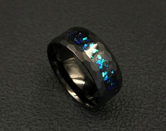 Handmade Orion Nebula Ring,Opal Ring,Tungsten Outer Space Ring,Inlay Blue Green Fragments Engagement Band,Gift,Free Engraving