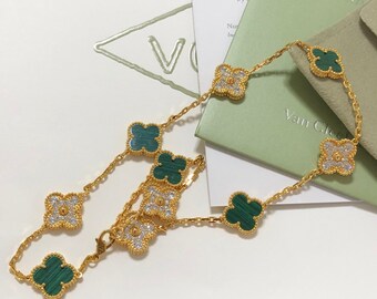 Authentic Van Cleef Vintage Alhambra Malachite 10 Motif Gold Necklace