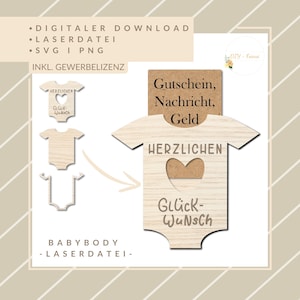 Digitale Laserdatei inkl. Gewerbelizenz- Babybody - Gutschein- und Geldverpackung ! - SVG/PNG