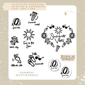 May include: A digital file bundle featuring black line art icons of summer themes including a sun, beach ball, starfish, seashell, sunglasses, flip-flops, and sunscreen. Text includes Summer Vibes, good vibes, summer mood, fun in the sun, beach day, vitamin sea, and hello summer.