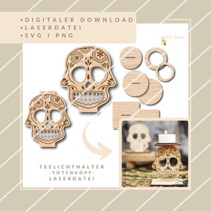 Digitale Laserdatei - Totenkopf Kerzenständer für Teelichter im Stil des mexikanischen Tag der Toten - SVG & PNG