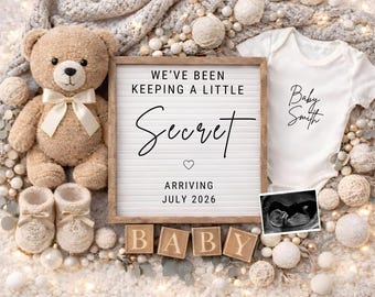 Plantilla de anuncio de embarazo neutral / Pequeño secreto editable en formato plano de Canva