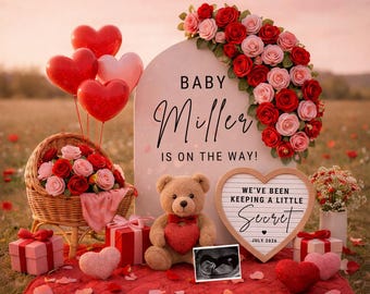 Plantilla de anuncio de embarazo para San Valentín / Diseño de corazón para exteriores editable en Canva