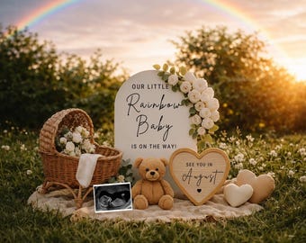 Plantilla de anuncio de embarazo de bebé arcoíris / Canva editable / Revelación de bebé al aire libre neutra