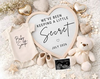 Plantilla de anuncio de embarazo neutral / Anuncio de bebé editable en Canva / Diseño plano de corazón pequeño secreto