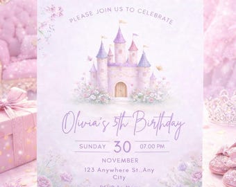 Plantilla de invitación de cumpleaños de princesa / Invitación de castillo editable en Canva / Fiesta de cuentos de hadas para niñas