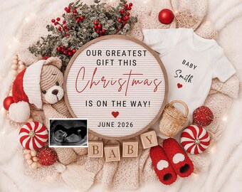 Sjabloon kerstzwangerschapsaankondiging bewerkbaar canva | Baby-onthulling voor de feestdagen