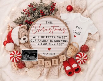 Sjabloon kerstzwangerschapsaankondiging bewerkbaar canva | Bericht van babyonthulling vakantie