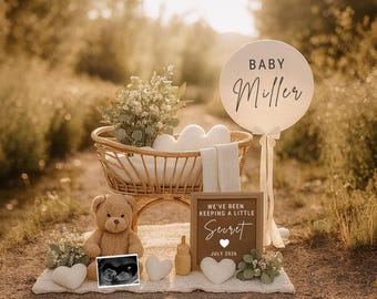 Plantilla de anuncio de embarazo con globos bohemios (Canva editable) / Revelación de bebé en tonos neutros