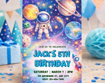 Plantilla de invitación de cumpleaños espacial / Fiesta de astronautas y galaxias editable en Canva