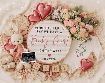 Baby Girl Pregnancy Announcement Template | Editable Canva Pink Flat Lay Baby Reveal
