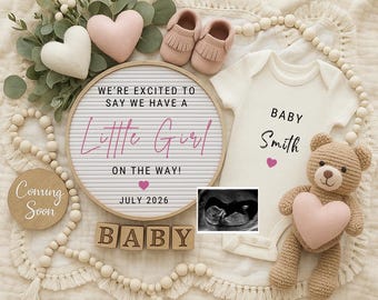 Baby Girl Pregnancy Announcement Template | Neutral Editable Canva Little Girl Flat Lay