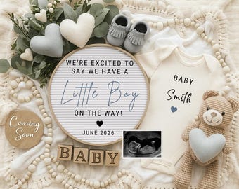 Baby Boy Pregnancy Announcement Template | Neutral Editable Canva Little Boy Flat Lay