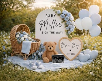 Plantilla de anuncio de embarazo de bebé niño / Diseño plano de arco floral bohemio editable en Canva