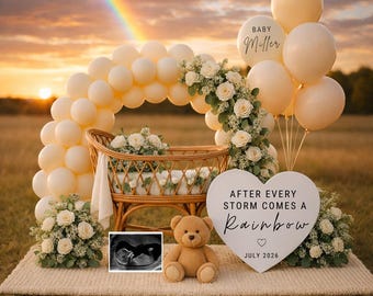 Plantilla de anuncio de embarazo de bebé arcoíris / Arco de globos para exteriores editable en lienzo neutro