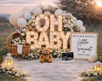 Plantilla de anuncio de embarazo "Oh Baby" / Canva editable neutral / Campo de atardecer dorado