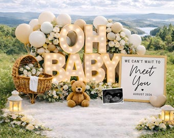 Plantilla de anuncio de embarazo al aire libre / Revelación de bebé en lienzo neutro / Vista de montaña plana