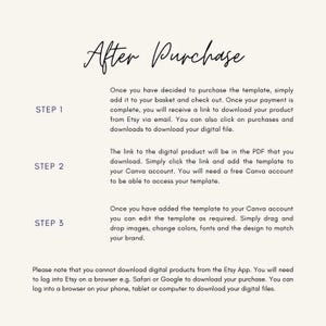 May include: A digital product guide titled "After Purchase" with instructions in a clean, minimalist design. The steps include downloading from Etsy, adding to Canva, and editing the template. The text is in a stylish, handwritten font.