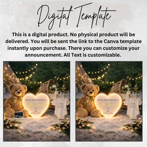 May include: Digital template for a pregnancy announcement. The image features a teddy bear, a heart-shaped sign with the text "We've been keeping a little secret" and a baby onesie. The announcement is customizable.