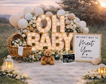 Plantilla de anuncio de embarazo / Anuncio de bebé en lienzo neutro / Paisaje al atardecer