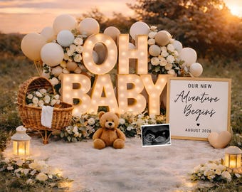 Plantilla de anuncio de embarazo neutral / Plantilla editable de Canva para revelar el bebé / Diseño plano Golden Field