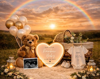 Plantilla de anuncio de embarazo de bebé arcoíris / Canva editable para bebé / Escena de atardecer neutral
