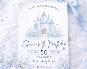 Plantilla de invitación de cumpleaños de princesa azul / Invitación de castillo editable en Canva / Fiesta de cuentos de hadas para niñas