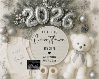 Sjabloon aankondiging zwangerschap nieuwjaar bewerkbaar canva | Aftellen tot babyshower 2026