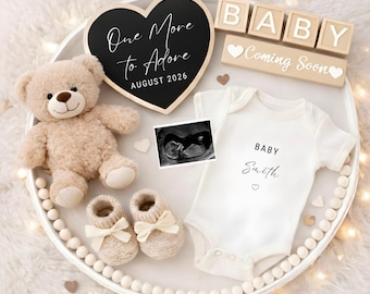 Plantilla de anuncio de embarazo neutral / Canva editable One More to Adore Flat Lay
